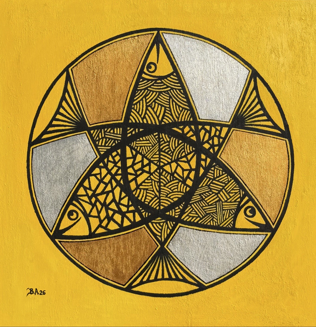 Three Fishes, 48 by 48 inches, oil on wood panel